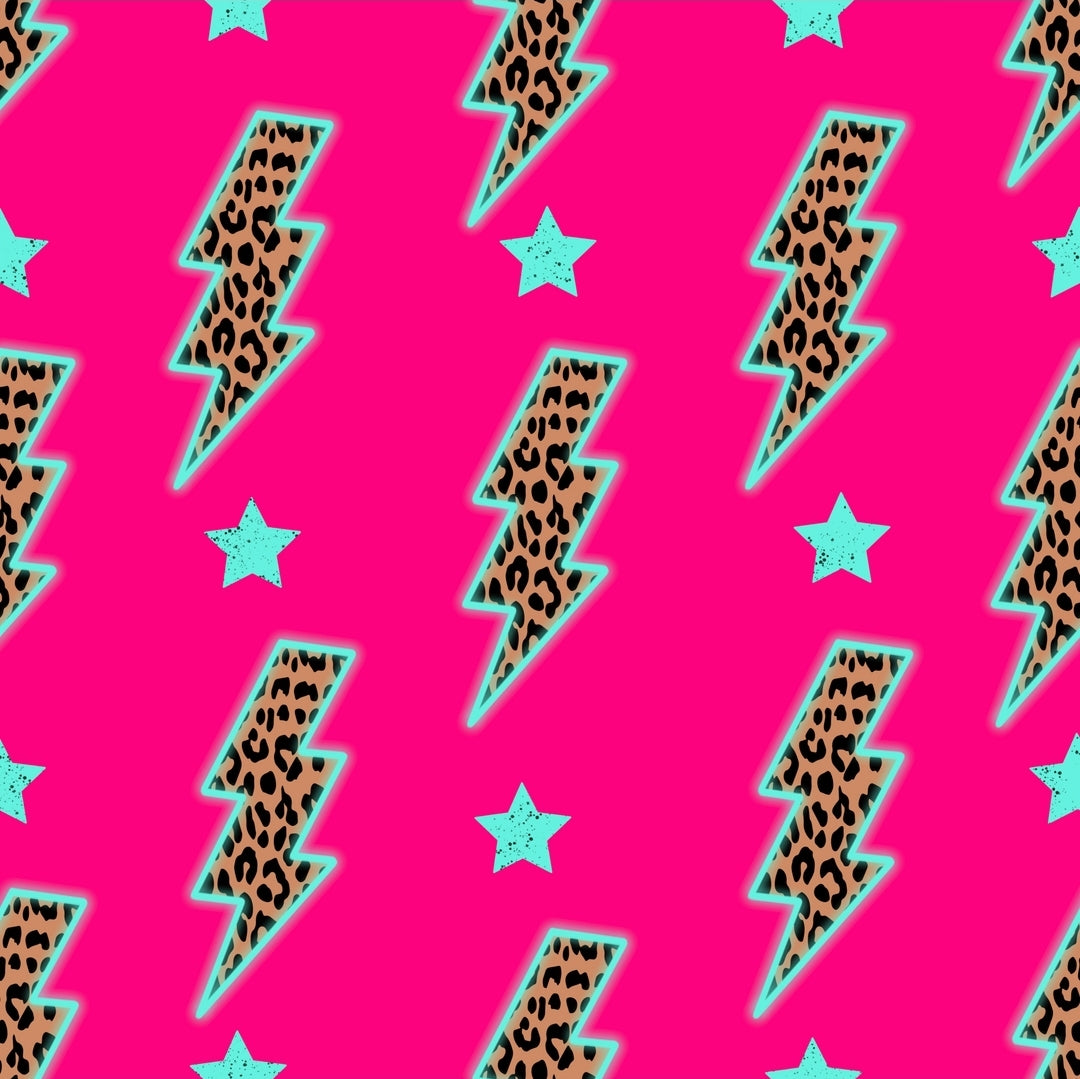 neon pink fabric tile with blue stars and leopard print lightening bolt design