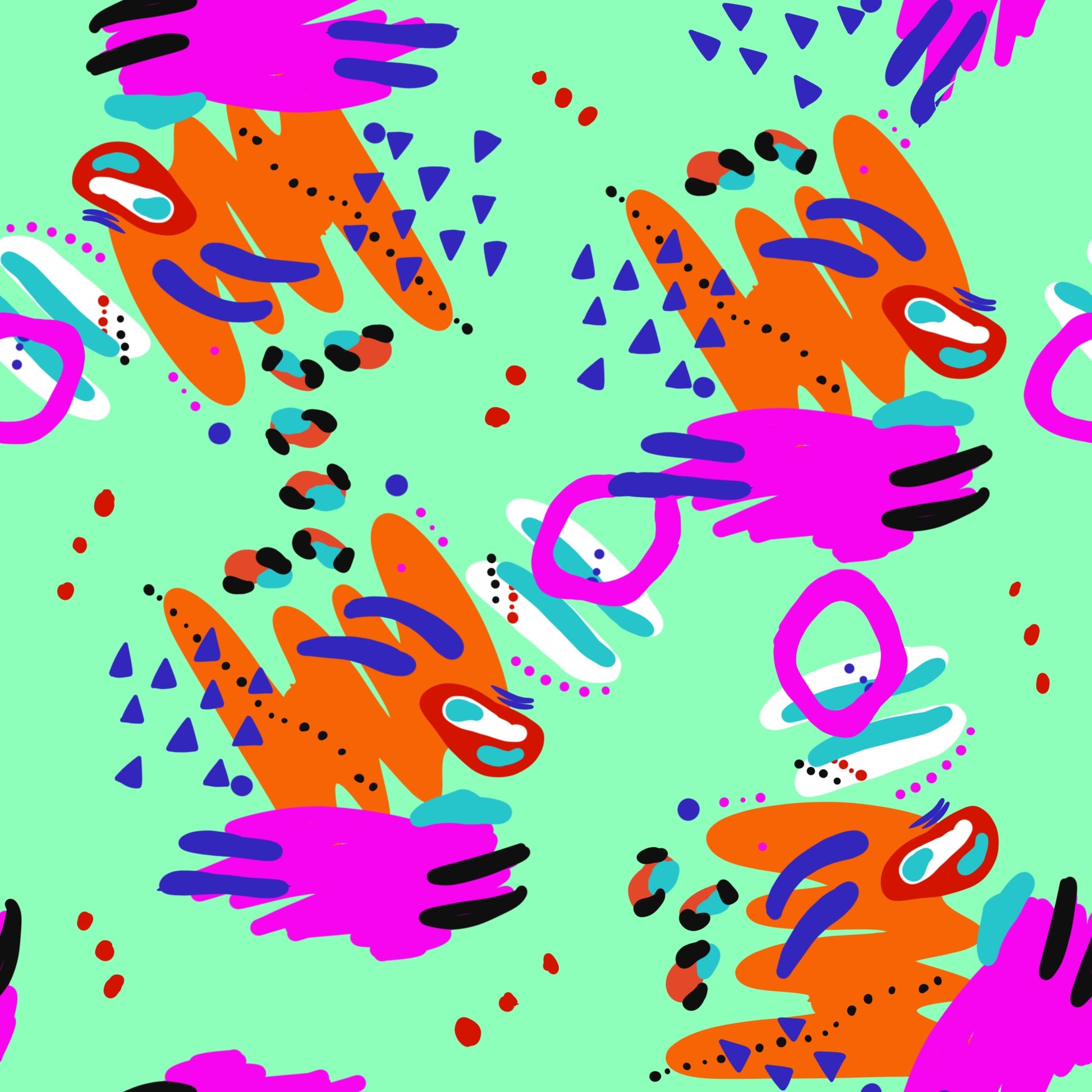 green background with abstract print in orange blue and hot pink fabric tile